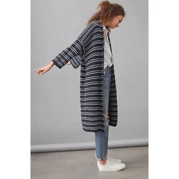 Anthropologie FRNCH Paris Black Multi-color Striped Duster Cardigan One Size - Picture 3 of 13